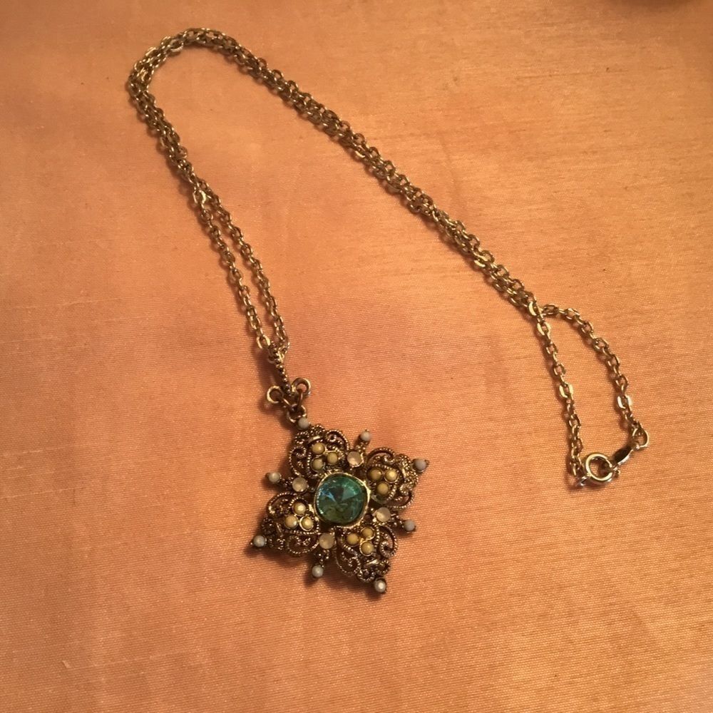 Silvertone Necklace with Blue Crystal Pendant